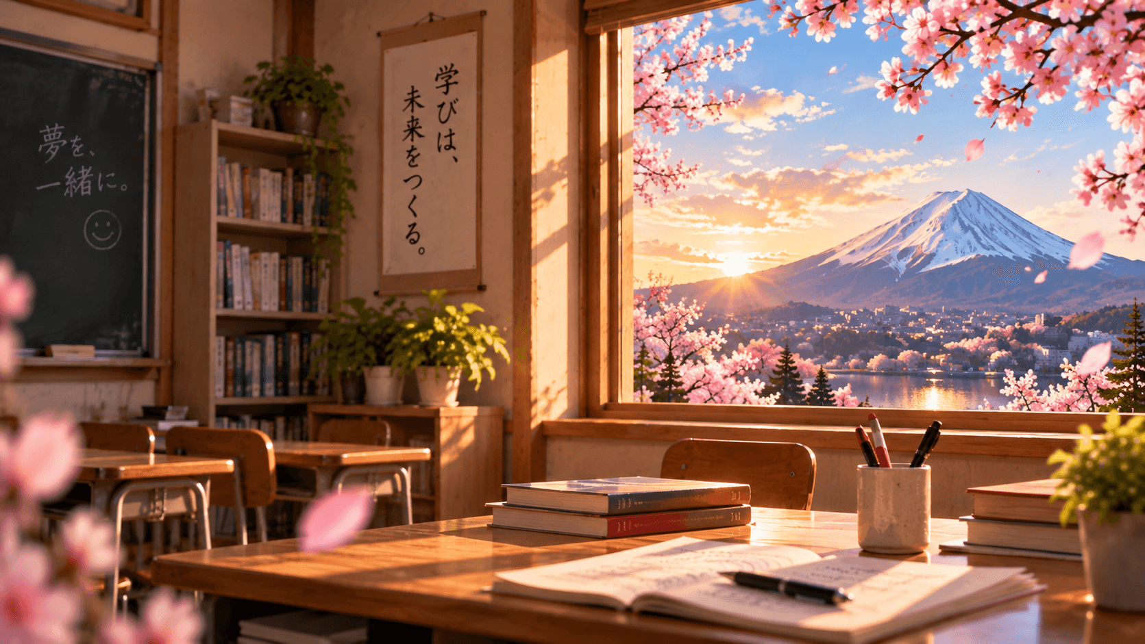 Japanese Classroom and Mount Fuji at Golden Hour