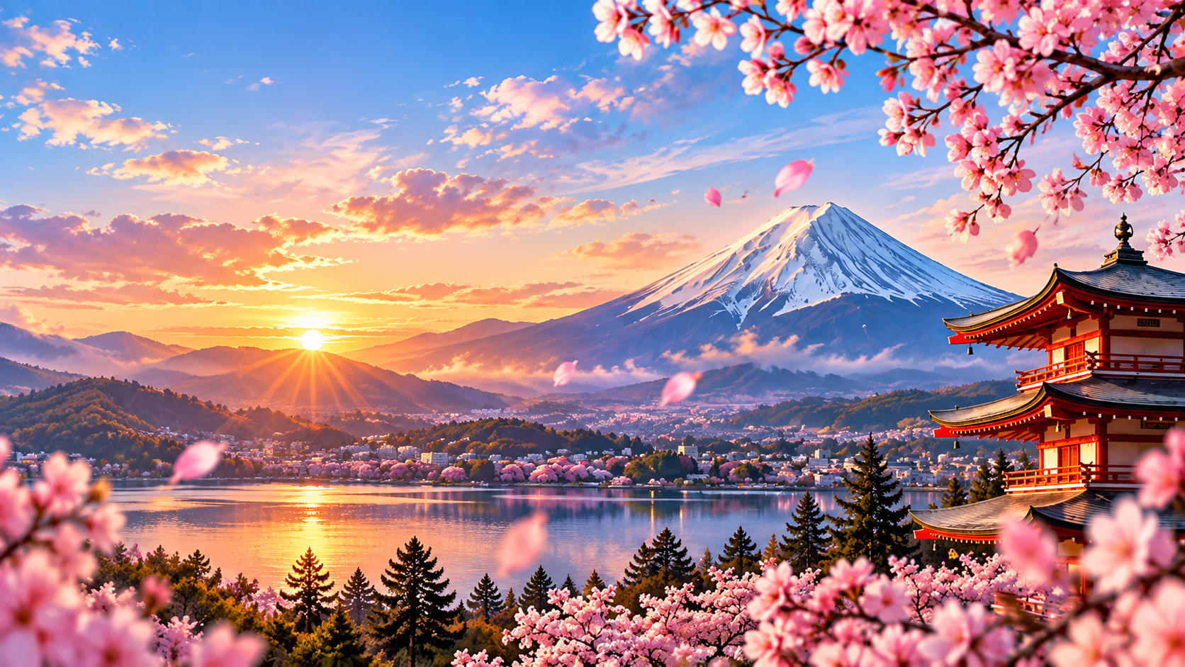 Japanese Mt. Fuji Sakura Scenery Background